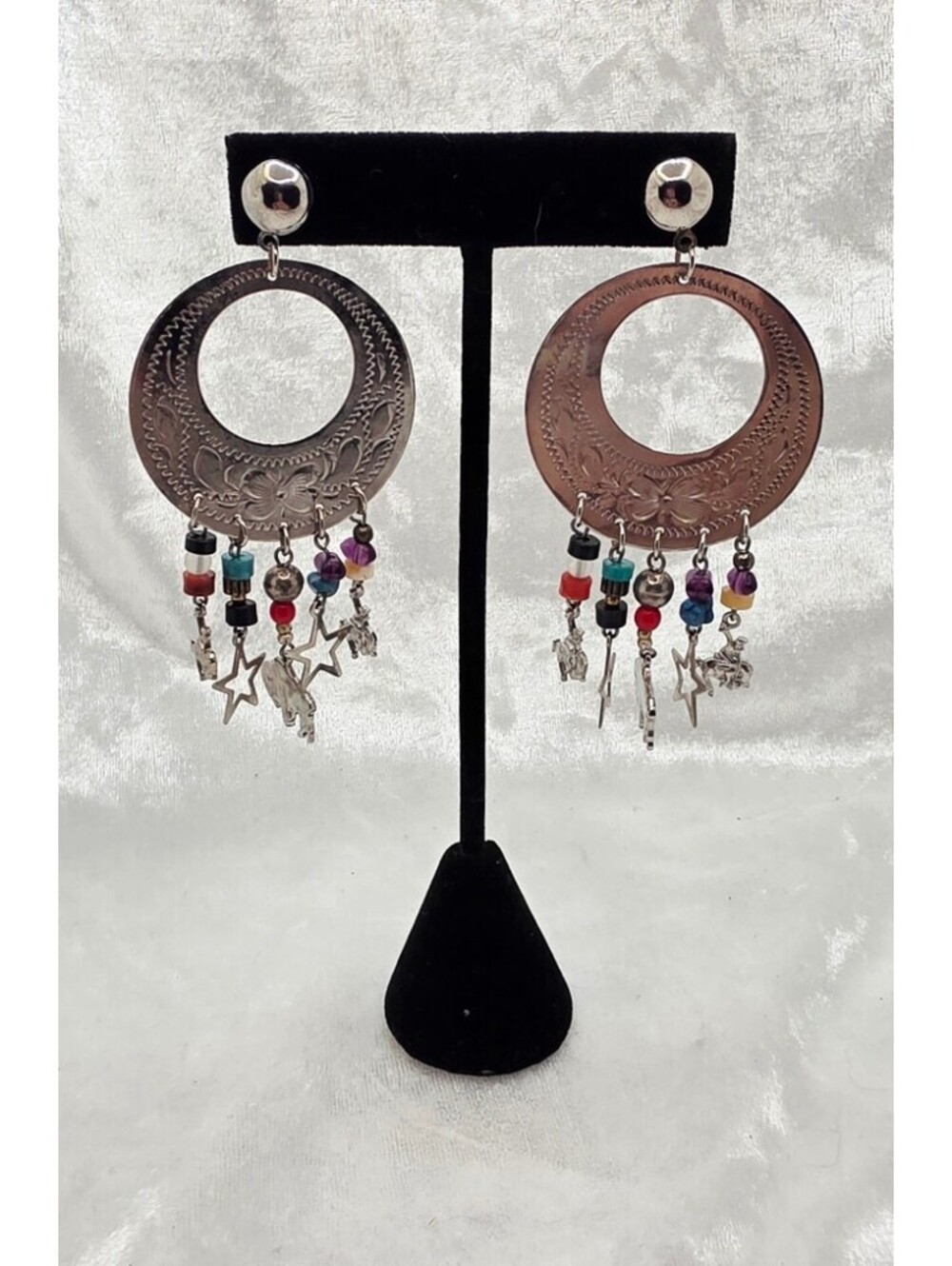 MAPLAMEA Mexico GM13 Silver Tone Hoop Earrings Beaded Charm Dangles